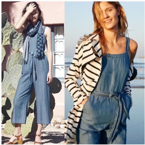 Madewell Blue Cotton Linen Chambray Muralist Wide Leg Jumpsuit with Belt Size 0 - Picture 5 of 16